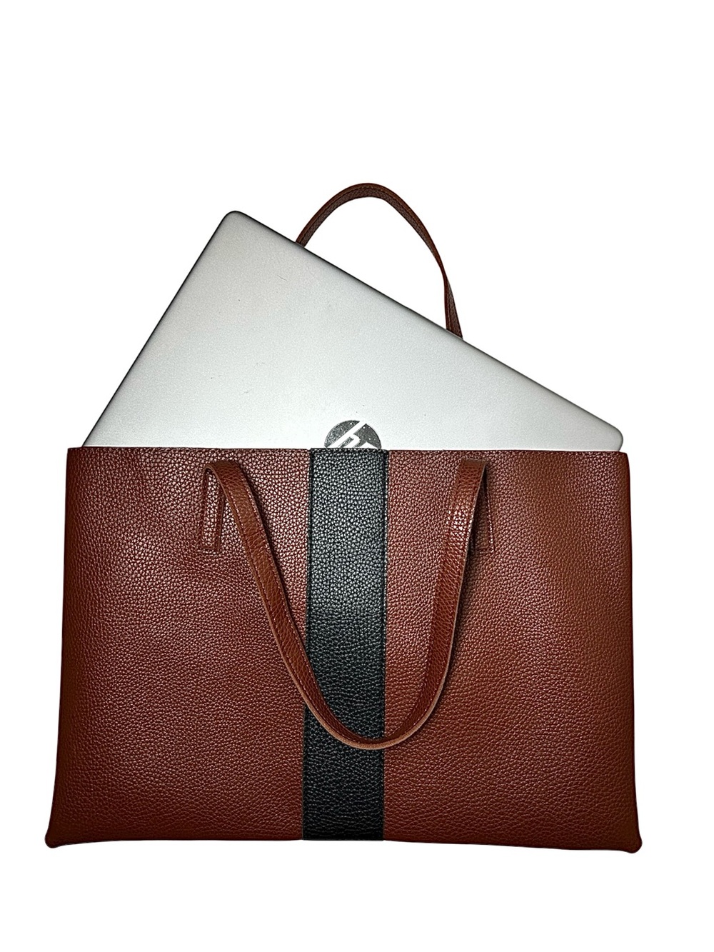 Vince Camuto Faux Pebble‎ leather Brown Black Laptop Tote Bag Minimalist Work